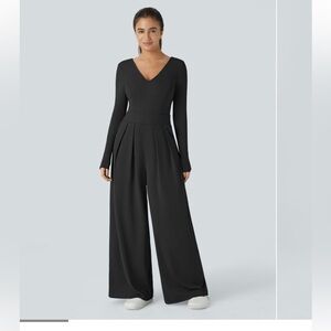 HALARA Black V-Neck Long-Sleeve Wide-Leg Jumpsuit